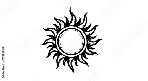 Stylized sun drawing with sharp rays in black and white