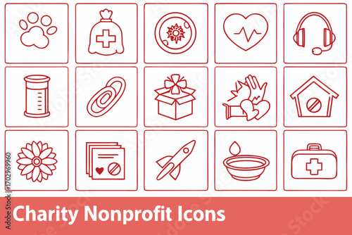 Collection of charity and nonprofit organization related icons in a red silhouette style