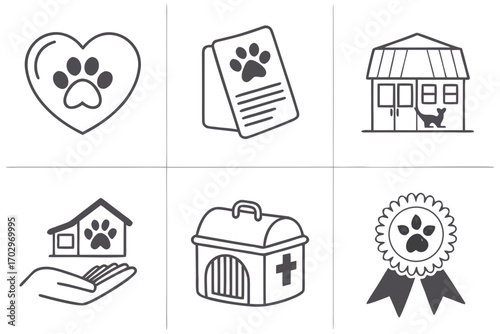 Collection of pet care service icons featuring paw prints and animal related symbols silhouette