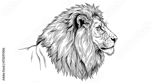 Striking Lion Portrait: Majestic Feline in Detailed Black and White Line Art