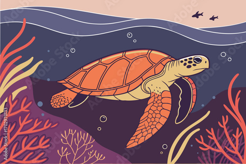 Vibrant orange sea turtle glides gracefully through deep blue ocean waters amidst colorful coral reef silhouette