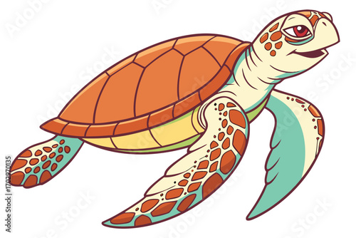 Cartoon sea turtle swimming gracefully through ocean waters with a friendly expression silhouette