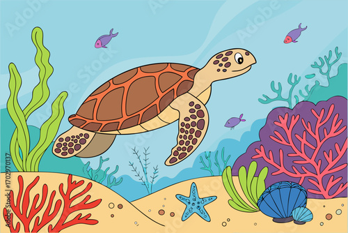 A cartoon sea turtle swims gracefully through a vibrant coral reef with small fish and marine life silhouette