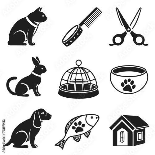Collection of pet care icons featuring animals grooming supplies and housing silhouette