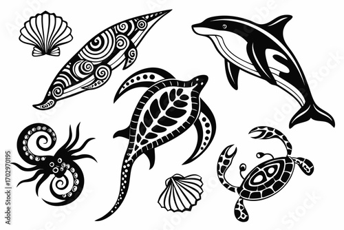 Collection of stylized marine life and shells in a distinctive black silhouette design