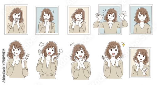 Charming woman expresses diverse emotions and reactions in a series of delightful vignettes