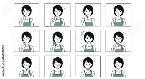 Variety of emotions from thoughtful to happy with a woman in an apron, great for expressing feelings