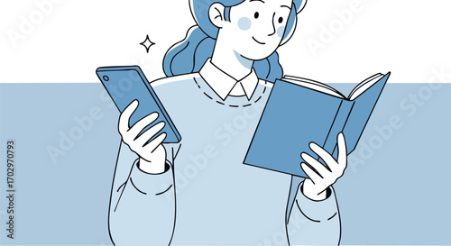 Curious student balances digital learning with classic reading, embracing knowledge and connection