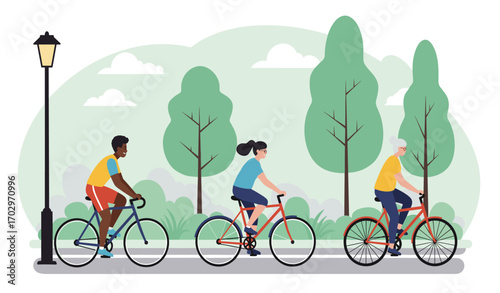 A diverse group of cyclists enjoys a sunny day, riding bicycles along a paved path in a vibrant park with trees and a classic lamppost.