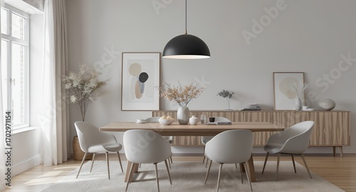 Modern minimalist dining room interior design with wooden table and chairs, neutral color scheme, and stylish decor.
