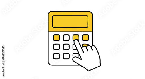 Hand pressing button on calculator for financial calculations and data entry with modern design