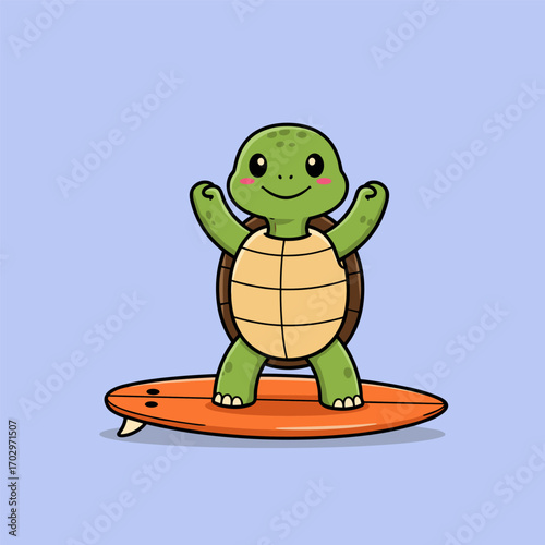 A smiling green turtle with pink cheeks stands on an orange surfboard, raising its arms against a light blue background.
