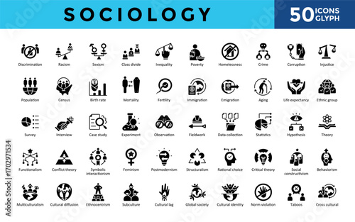 Sociology icons set with discrimination, racism, sexism, class divide, inequality, poverty, homelessness, crime, corruption, injustice icon. Simple glyph black vector 
