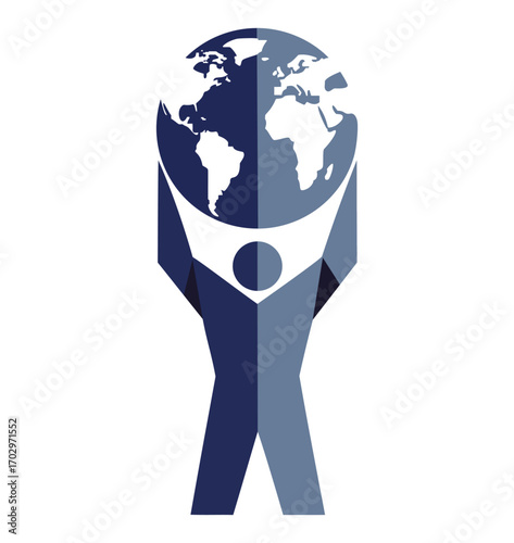 A human figure logo holding up a globe, symbolizing global responsibility, community support, and environmental care