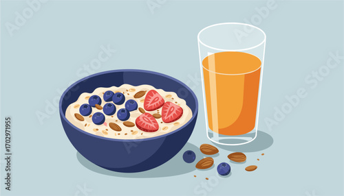 healthy breakfast bowl with fresh fruits and orange juice