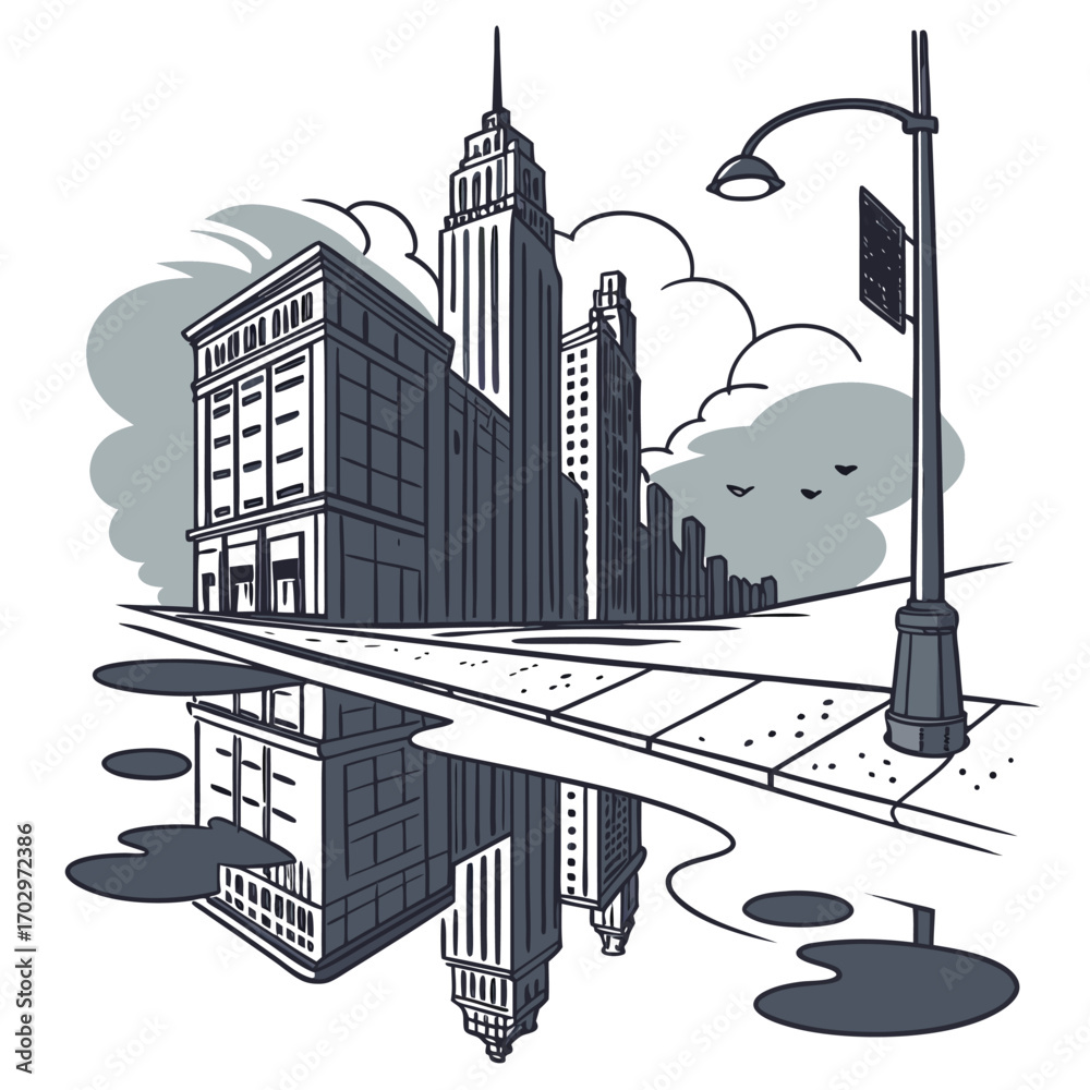 Obraz premium A Cityscape Reflected in a Puddle