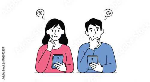 Confused couple pondering difficult decisions while holding smartphones in modern illustration style