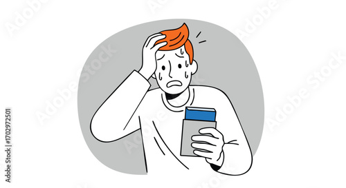 Stressed man with hand on head, sweating, holding phone, facing urgent financial crisis