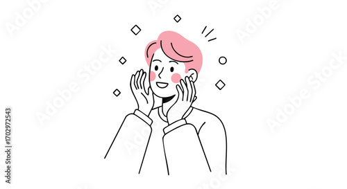 Excited young person with pink hair and rosy cheeks expresses joy and surprise with hands near face