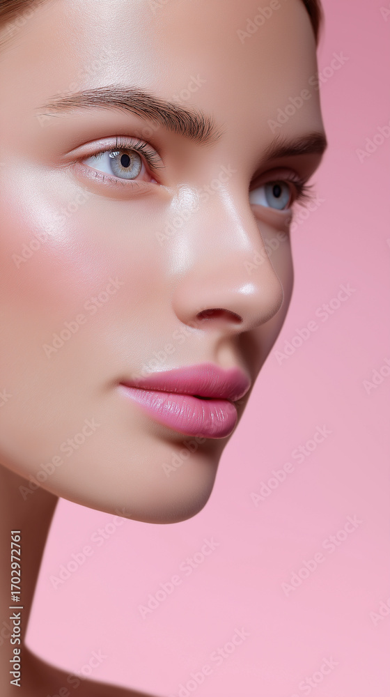 Fototapeta premium Close-up of young woman with glossy lips and glowing skin on pink background. 