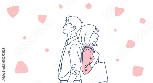 Young couple back to back dreaming of future together amidst soft pink blossoms