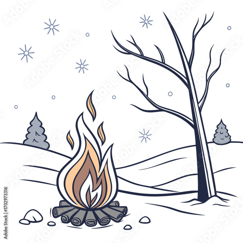 A Lone Fire in a Snowy Landscape