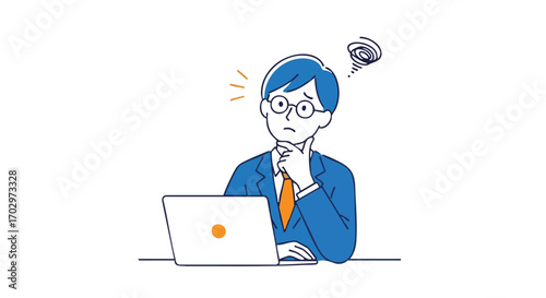 Pensive businessman brainstorming solutions at laptop with troubled thoughts, ideal for problem solving concepts