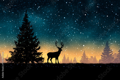 Christmas night scene with a deer and tree silhouette under a starry sky