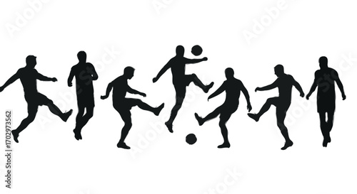 Silhouette of soccer players group kicking running dribbling football action poses vector illustration sports concept design
