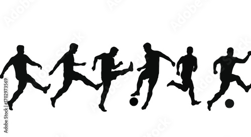 Silhouette of soccer players group kicking running dribbling football action poses vector illustration sports concept design،sccer players, ball 