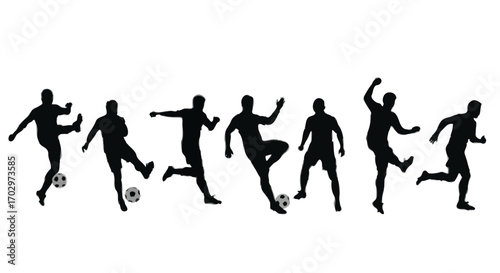 Silhouette of soccer players group kicking running dribbling football action poses vector illustration sports concept design،sccer players, ball 