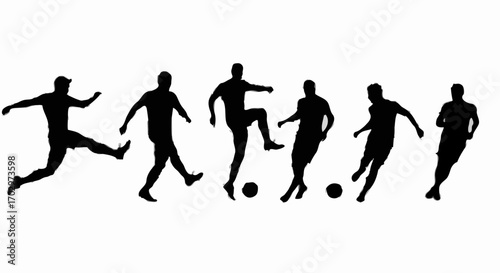 Silhouette of soccer players group kicking running dribbling football action poses vector illustration sports concept design