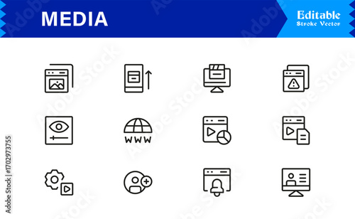 Media and Communication Icons – Modern Professional Line Icon Set Featuring Minimal Vector Design for Digital and Broadcast Industries