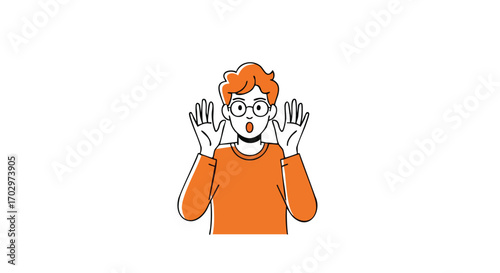 Astonished young man with round glasses and orange shirt throws hands up in surprise