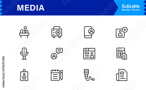 Media and Communication Icons – Modern Professional Line Icon Set Featuring Minimal Vector Design for Digital and Broadcast Industries