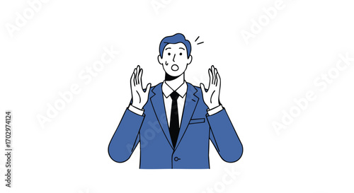 Oh no! Businessman with hands up in disbelief after seeing shocking news or market crash