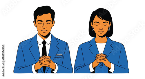 Two professionals in prayer or deep meditation, seeking guidance and peace in their business endeavors.
