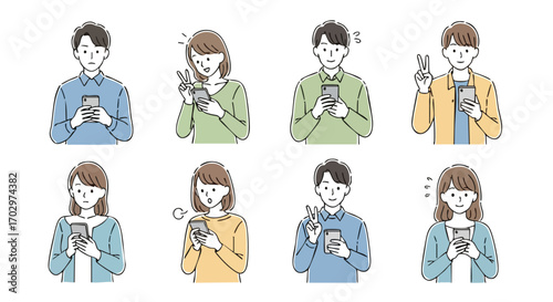 Diverse people expressing various emotions while using smartphones in modern flat illustration style