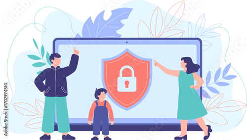 Vector art of family protecting laptop with shield and lock icon