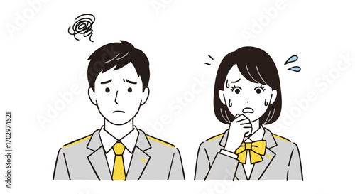 Worried students in school uniforms express confusion and distress about academic challenges