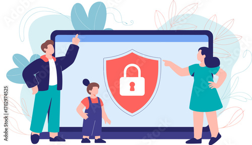 Vector art of family securing laptop with shield and lock icon