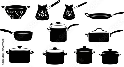Kitchen Utensil Icon Set – Cooking Pots, Pans, Kettle, and Colander Silhouette Vectors