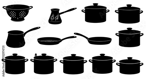 Kitchen Utensil Icon Set – Cooking Pots, Pans, Kettle, and Colander Silhouette Vectors