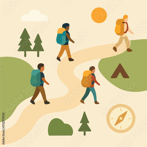 A diverse group of friends hiking together on a scenic mountain trail, enjoying a summer camping and trekking adventure in nature, backpacking