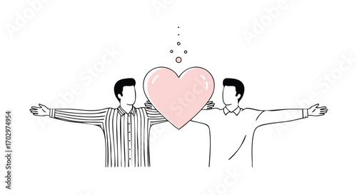 Two men sharing love and support, holding a heart symbol with outstretched arms and hopeful bubbles