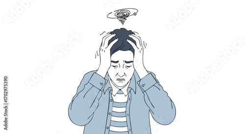 Stressed man clutching head with swirling thoughts, symbolizing anxiety and mental overload