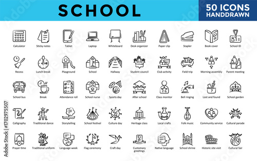 School icons set with calculator, sticky notes, tablet, laptop, whiteboard, desk organizer, paper clip, stapler, book cover, school id icon. Simple hand drawn black vector illustration 
