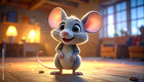 A cheerful, cartoon mouse with big eyes and ears stands on a wooden floor, smiling in a warm-lit room