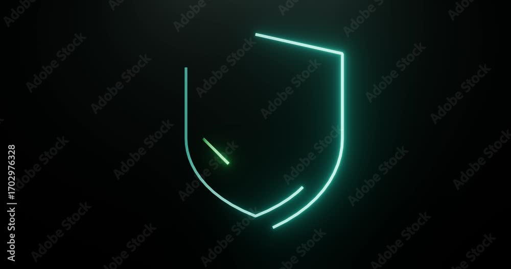 Animação 4K de escudo (shield) neon que se desenha e revela um check de aprovação, em loop contínuo.