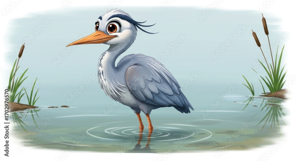 Obraz premium A delightful cartoon illustration of a cute grey heron standing patiently in the calm, shallow water of a pond